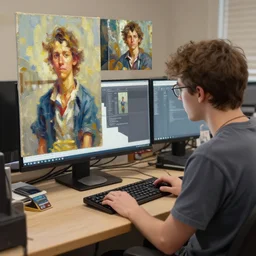 a nerd on computer testing how image prompts work, oil painting, artstation