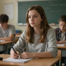 Rachel Amber, full shot, sitting in a classroom, realistic, hyperrealistic, highly detailed, very detailed, 8k resolution, real life, HD quality, dramatic, ambient lighting