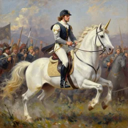 wesley crusher riding a unicorn into battle oil painting