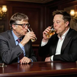 old political cartoon from mad magazine. bill gates is drinking with elon musk at a bar.