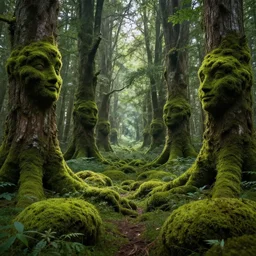 magical moss - covered forest glade. the trees have faces, watching the viewer. light filtering through the canopy. fantasy art, 8 k resolution, magical forest.