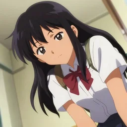 anime cell shaded, anime tanned tanned tanned tanned girl wearing school outfit looking down towards camera, winking at camera from the top, looking towards the camera, low angle, low angle, low viewpoint, low angle, bottom upwards view