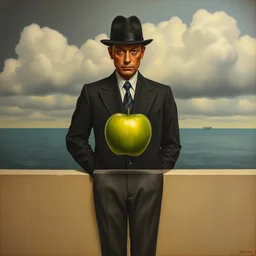 a surreal oil painting painting of the front on view of a man in a business suit and bowler hat standing in front of a short wall, a green apple is floating directly in front of his face, grey clouds and calm ocean are behind him, by henri rousseau