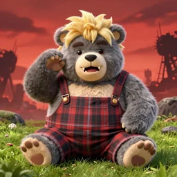 つくしあきひと blushing bear man chubby sumo wrestler anthro blonde hair tuff on head, grey fur, disney country bears animatronic bloody sharp teeth wearing overalls flannel posing cutely, sitting in grass, bara, red sky third impact background apocalypses style in akihito tsukashi