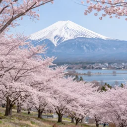 Sakura plant forest and lakes with snow mountains at the background