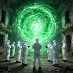 wide - shot photo of a group of scientists in hazmat suits in front of an eldritch brilliant green dimensional portal inside an abandoned house by shaun tan, taking notes, codachrome, 8 k, hd, highly detailed,