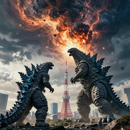 meteor colliding with tokyo with godzilla watching