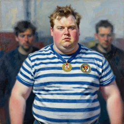 cwc, chrischan, christian weston chandler, chubby white man with striped shirt and sonichu medallion, painting by phil hale, fransico goya,'action lines '!!!, graphic style, visible brushstrokes, motion blur, blurry