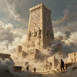 epic photo of an ancient Byzantine city surrounded by clouds, Giant imposing tower, full of strange statues and murals, full of smoke and dust, hyper real, Indiana Jones, Tomb Raider, trending on artstation, concept art, photorealistic, cinematic, city