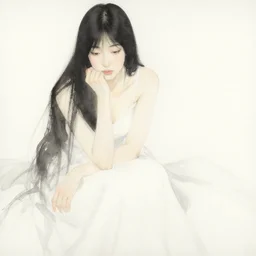 kirchner, impressionist watercolor strokes, gifford beal, high - angle!!!!! dramatic portrait of the nature goddess hand on chin on a white background by bruce pennington and yoshitaka amano, minimalist japanese watercolor, fine art america, long dress