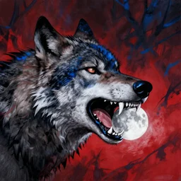 exquisite detail, evil wolf grinning while eating the moon in its teeth, midnight, red blue black and white colouring, sharp teeth, art done by Frank Frazetta