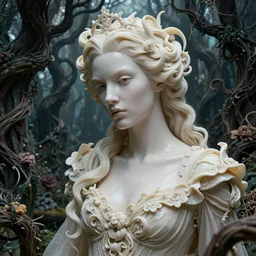 cinestill 5 0 d depht of field fashion of a beautiful woman by liebovitz from a dream in a fantasy garden in a dark twisted forest, intricate details, epic scale, insanely complex, sharp focus, hyperrealism, pale ivory glossy, head in focus, sharp focus, caspar friedrich, greg rutowski, james gurney