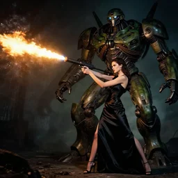 tall brunette fashion model in a black silk dress, aiming and firing a flamethrower at a huge android plant monster hybrid, high contrast cinematic light, mystical shadows, sharp focus, octane render, artists philippe caza with richard corben and mœbius