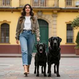 a close up of beautiful Estefania Villegas Burgos walking next to her labrador black dog in Bogota, symmetrical, 8K, octane render, 8K,