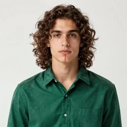 beautiful young man with long curly brown hair and a straight line scar going from below his lip down his entire body, wearing an emerald green button up shirt