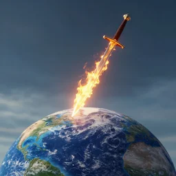 a fire sword is falling from sky to earth