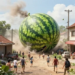 The giant watermelon rampaged through the town, leaving a path of destruction in its wake. The townspeople were terrified. They had no idea how to stop the giant fruit.