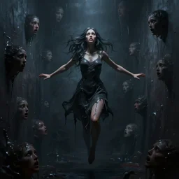 digital painting of a woman consumed by darkness in liminal space, floating liquid, stretching to walls, scared faces emerging from darkness, 3d render, oddly familiar, cinematic, dramatic lighting, highly detailed, trending on artstation, 4k, hd
