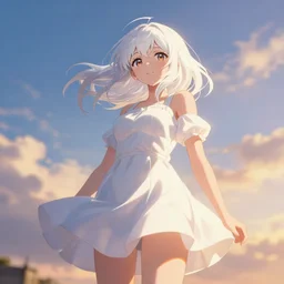 semi - neon cute bombshell girl ( white dress ) ( white hair ) beautiful sky. pixiv. below perspective volumetric lighting, golden hour, epic composition, atmospheric perspective, illustration, bounced lighting, subsurface scattering, depth of field, glow, perlin noise, 4 k, srgb, cinematic. beautiful lineart, clean lines, anime art by rembrandt. artgerm