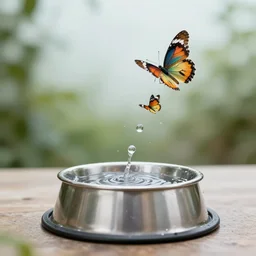 butterfly made of water flying out of steel dogbowl, low angle shot, medium long shot