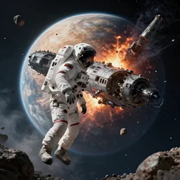 astronaut stranded on planet, destroyed ship, exploding planet in background, impending fear, 4 k, dystopian, lonely, isolated space station in space, sci - fi, crash landing, asteroids.