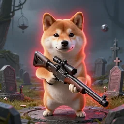 anthropomorphic shiba inu, holding sniper riffle, science fiction, cementary, scifi, 3 d render, masterpiece, red aura, by donato giancola and greg rutkowski and wayne barlow and zdzisław beksinski, realistic face