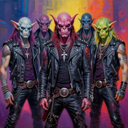 apocalyptic demonic orc goblin biker characters posing in a professional band photo, psychedelic vibrant colors, futuristic punk rock fashion, oil painting by michael whelan art, sharp focus, realistic, detailed eyes, studded leather jacket