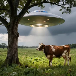 photorealistic ufo abducting a cow next to a tree on a green field