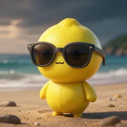 a cute lemon wearing sunglasses at the beach, dramatic lighting, cinematic, establishing shot, extremly high detail, photorealistic, cinematic lighting, artstation, style by greg rutkowski