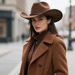 full portrait of beautiful gunslinger woman in the city, face details, brown tuffle coat, cowboy hat, brown skin, redeyes, high fantasy, dnd, highly detailed, manga illustration, by kurone mishima