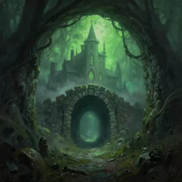 painting of a lovecraftian village with a creepy stone tunnel, fog, green ambient light, masterpiece, trending artstation