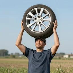 man wearing car wheel on head as hat stock photo