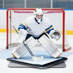 ice hockey goalie playing on his ipad