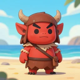 Cute red Kobold wearing caveman clothes at a beach, digital art, anime, cartoon shader 3D model