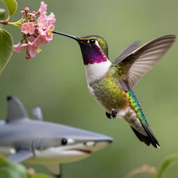 photograph of a GIANT!!! hummingbird eating a shark!!