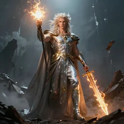 Lucifer standing tall invincible over the remains of Heaven, carrying the light of knowledge in his right hand and a flaming sword on the left hand