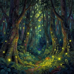 forest, overdetailed art, by greg rutkowski, by alfons mucha, complementing colors, magic, colorful lights, fireflies, detailed illustration, wizard