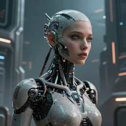 half body portrait of a beautiful woman cyborg, in a space metropolis, sci-fi, cyberpunk, ultra realistic, concept art, intricate details, eerie, highly detailed, octane render, 8k, , art by artgerm and greg rutkowski and alphonse mucha