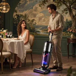 a man who has taken his wife for a romantic dinner, but she happens to be a vacuum cleaner