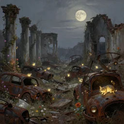 many glowing animals in ruins, gray wasteland, rusted junk, rubble, pillars, flowers, vines, hyperrealistic, highly detailed, cinematic, single ray of moon, beautiful, cgssociety, artstation, 8 k, oil painting by greg rutkowski, by artgerm, by wlop