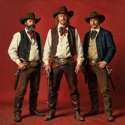 Solomon Joseph Solomon and Richard Schmid and Jeremy Lipking victorian genre painting portrait painting of Royal Dano a rugged cowboy gunfighter old west character in fantasy costume, red background
