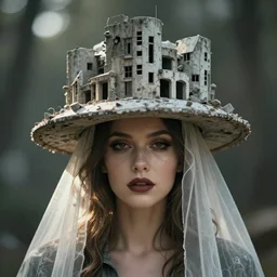 a beautiful ultradetailed fine art portrait of a woman wearing a brutalist architecture building as a hat,  by lauri blank, trending in artstation, catchlight, bokeh, heavy make up, veil