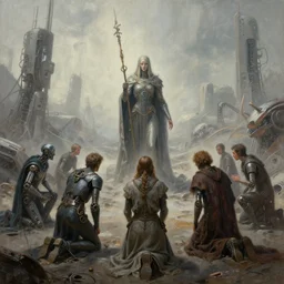highly detailed subjective futuristic painting outlining the process where the ai enhanced arbiter of fate beckons his disciples to kneel to the coming onslaught by greg rutkowski, by james paick, by hernando gaswater, 4 k resolution, octane render, muted color scheme, robotic wire infested hellscape