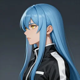profile shot of rimuru tempest, sky blue straight hair, long bangs, gold eyes, wearing a black jacket with white stripes, high collar, ultra detailed, stunning visuals, digital painting, cinematic, wlop, artgerm, pixiv, yoshitaka amano, greg rutkowski, ilya kuvshinov, andy warhol