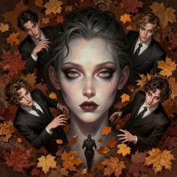 in the style of joshua middleton, peter mohrbacher, artgerm, tom bagshaw, gorgeous stella maeve magician, realistic character concept, bird's eye overhead shot, elegant pose, spooky, illustration, symmetrical face and body, volumetric lighting, detailed realistic symmetrical eyes, 8 k, single face, insanely detailed and intricate elegant, autumn leaves