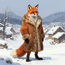 an anthropomorphic fox man wearing a long fur coat in a snowy village, character illustration by greg rutkowski, thomas kinkade, alphonse mucha