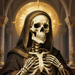a close up portrait of a skeleton dressed like a saint with a gold realistic aura in an old medieval church, 2d, ultra highly detailed, digital painting, smooth, sharp focus, artstation, pixiv, art by Ilya Kuvshinov