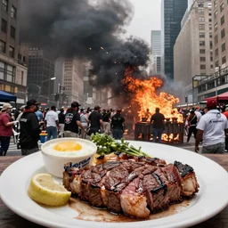 associated press photo of a steak storm in new york city, realistic, 4 k photo