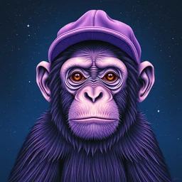 a frontal portait drawing of a purple small ape with a cap by takashi murakami, beeple and james jean, aya takano color style, trippy, 8 k, super detailed, night sky, digital art, digital painting, clean