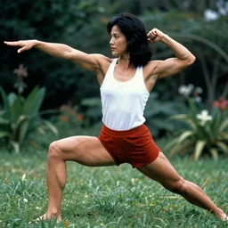 90's artistic photography of A beautiful muscular woman is working out in the garden.